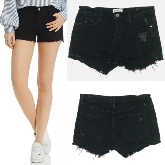 FRAME DENIM Le Cutoff Shorts in Black Distressed Womens Size 29 Summer Grunge - Picture 1 of 5